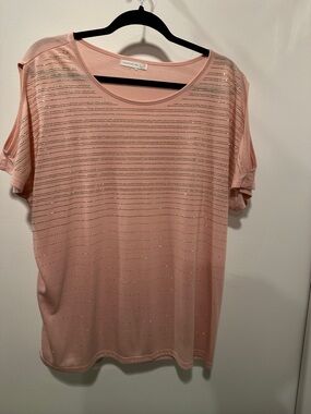 Westport Pink Short Sleeve Knit Top, Metallic Stripe Detail, Cold Shoulder 1X